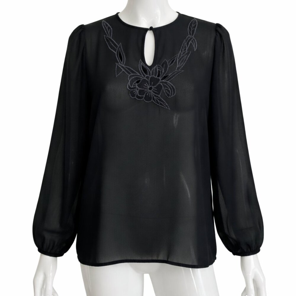 Vintage Campus Casuals Sheer Black Blouse Floral Embroidery Lace Sleeves Size